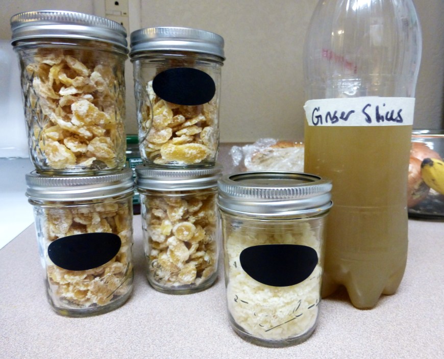 4 cups of candied ginger, 1/2 cup ginger sugar, and 1/2 L ginger water